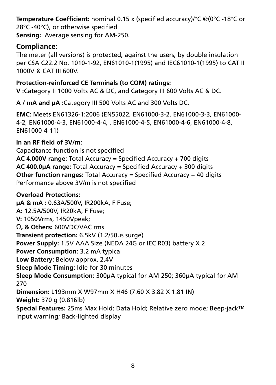 Amprobe AM-250 Digital-Multimeter User Manual | Page 14 / 22