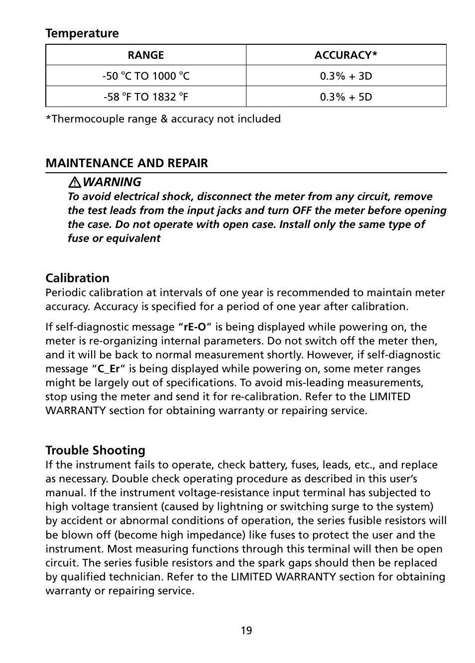 Temperature, Maintenance and repair � warning, Calibration | Trouble shooting | Amprobe AM-270 Industrial-Multimeter User Manual | Page 25 / 28