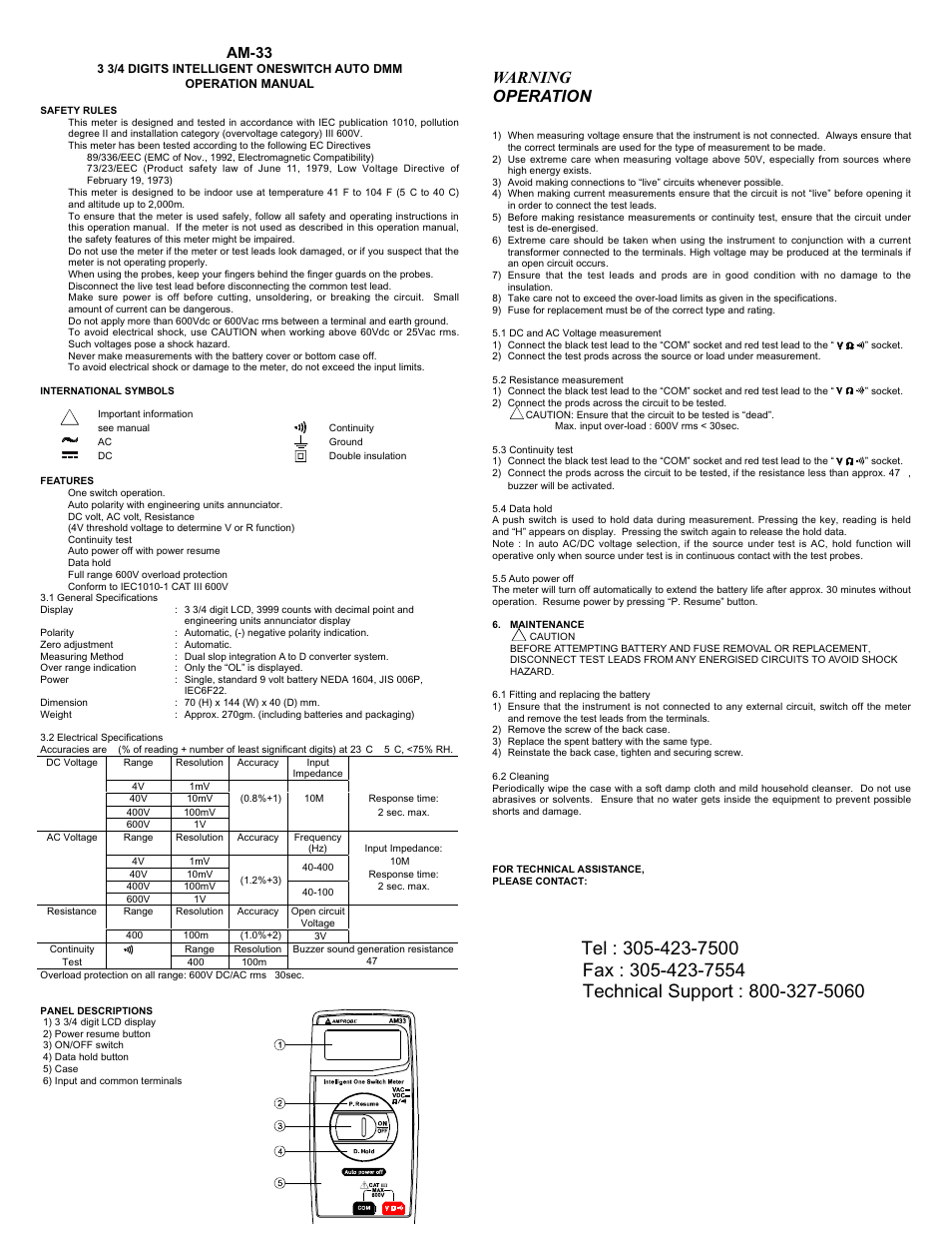 Amprobe AM-33 Digital-Multimeter User Manual | 1 page