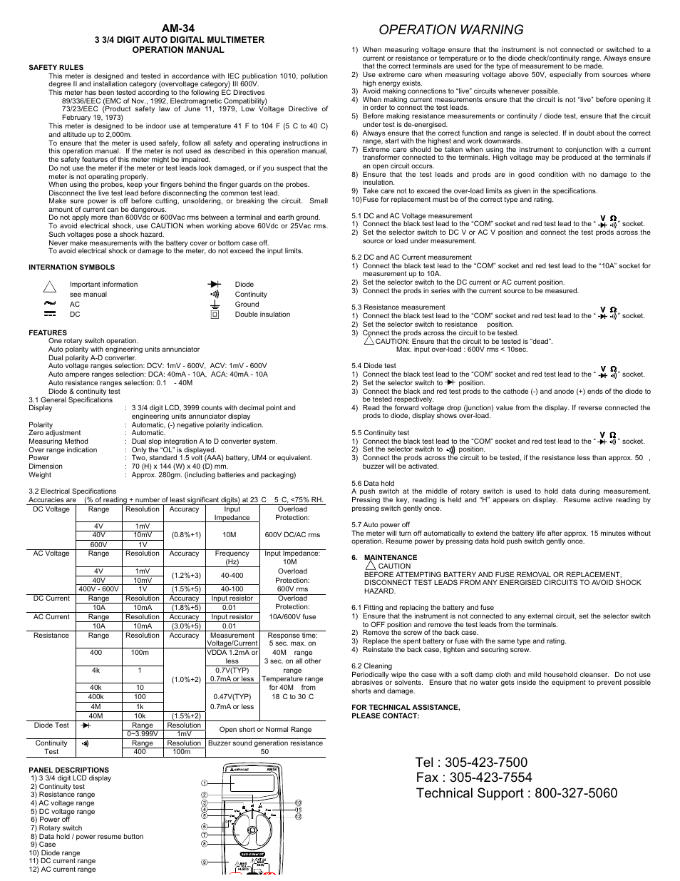 Amprobe AM-34 Auto-Digital-Multimeter User Manual | 1 page