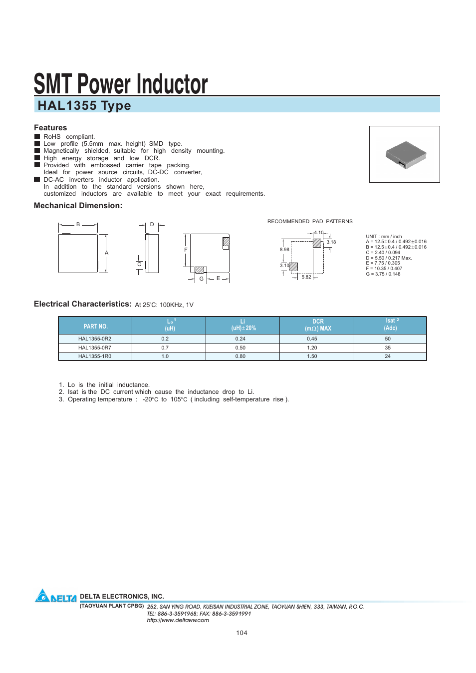 Delta Electronics SMT Power Inductor HAL1355 User Manual | 1 page