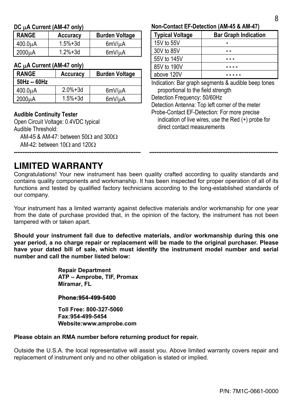 Limited warranty | Amprobe AM-42 Multimeters User Manual | Page 8 / 8