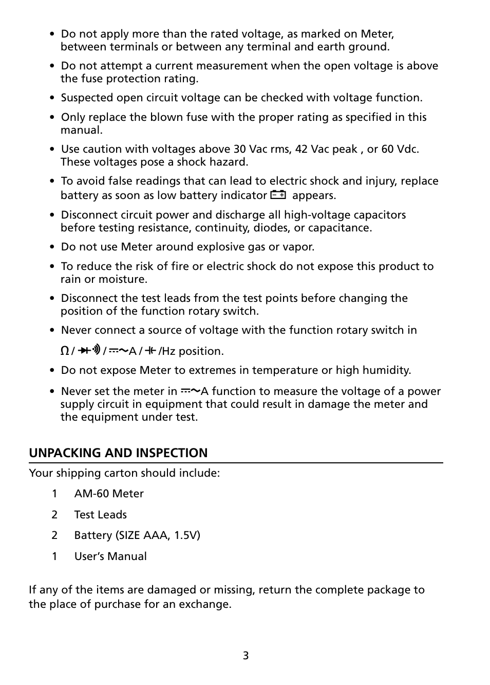 Unpacking and inspection | Amprobe AM-60 Compact-Digital-Multimeter User Manual | Page 8 / 20