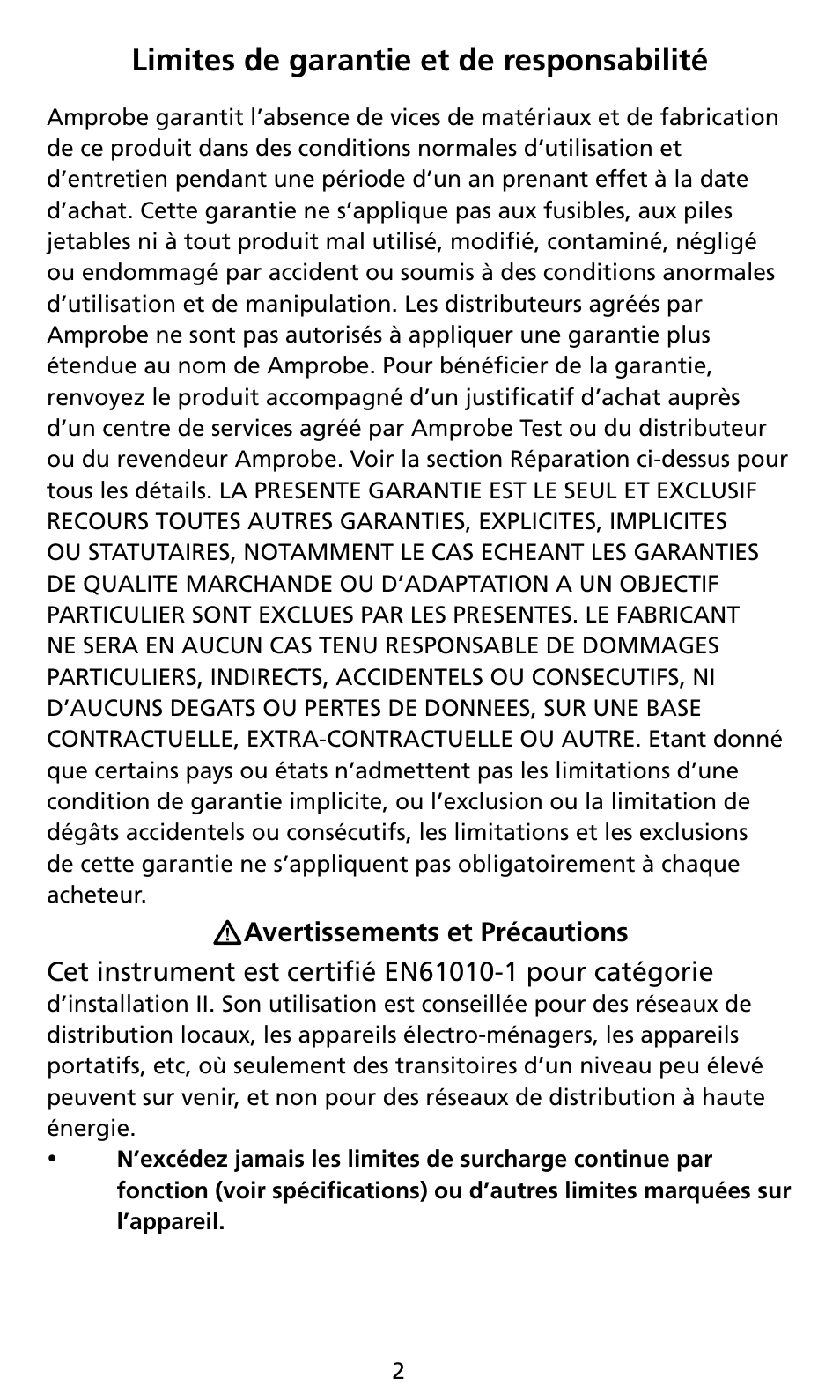 Limites de garantie et de responsabilité | Amprobe AM8C Analog-Multimeter User Manual | Page 18 / 66