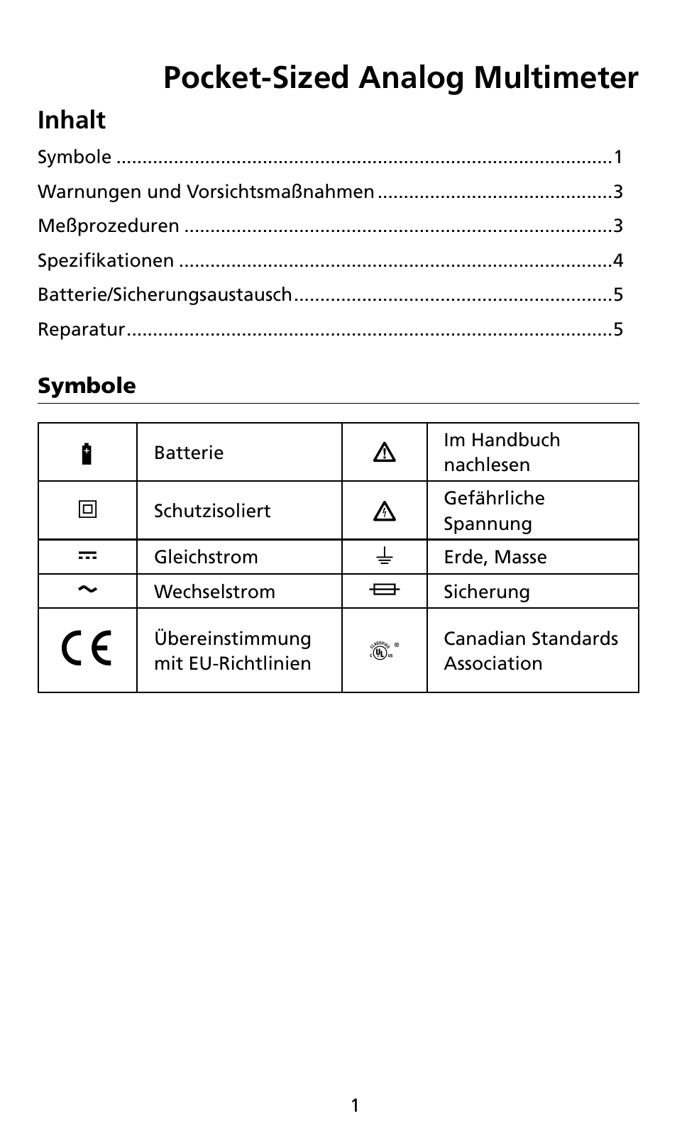 Pocket-sized analog multimeter, Inhalt | Amprobe AM8C Analog-Multimeter User Manual | Page 27 / 66