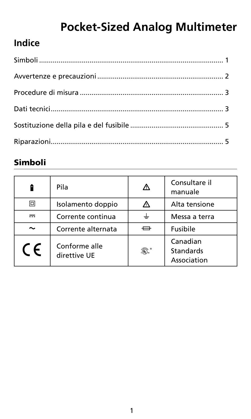 Pocket-sized analog multimeter, Indice | Amprobe AM8C Analog-Multimeter User Manual | Page 37 / 66