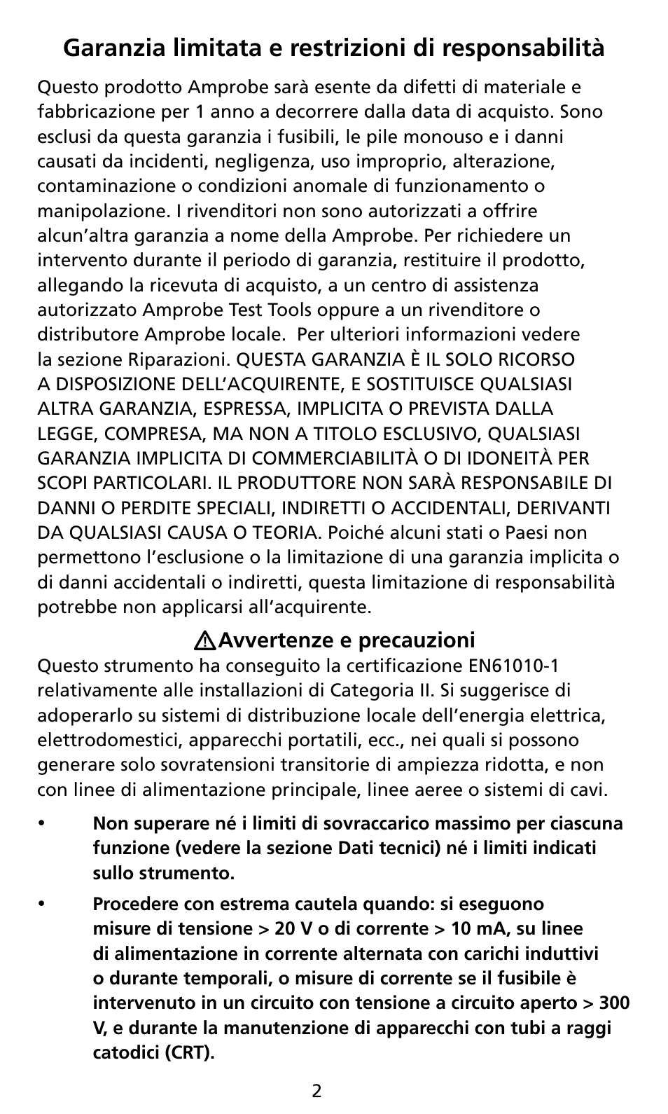 Garanzia limitata e restrizioni di responsabilità | Amprobe AM8C Analog-Multimeter User Manual | Page 38 / 66