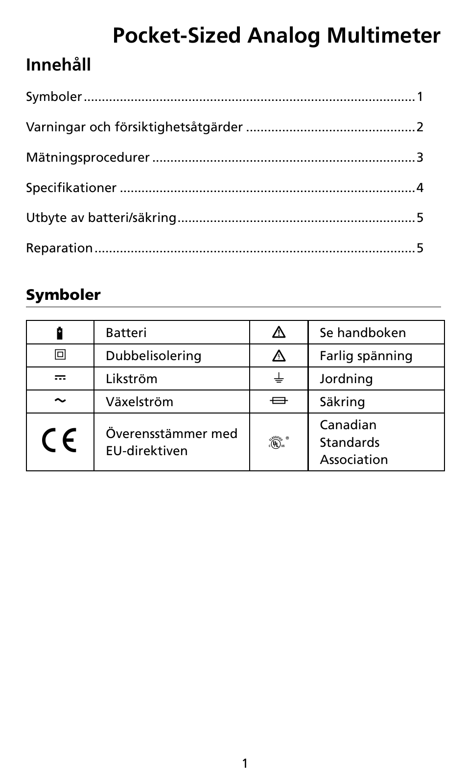 Pocket-sized analog multimeter, Innehåll | Amprobe AM8C Analog-Multimeter User Manual | Page 57 / 66