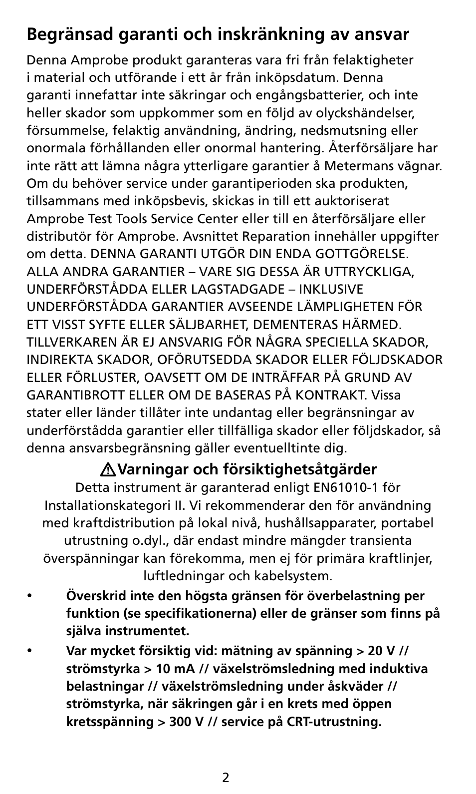 Begränsad garanti och inskränkning av ansvar | Amprobe AM8C Analog-Multimeter User Manual | Page 58 / 66