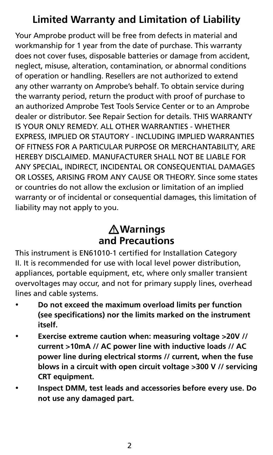 Limited warranty and limitation of liability, Warnings and precautions | Amprobe AM8C Analog-Multimeter User Manual | Page 8 / 66