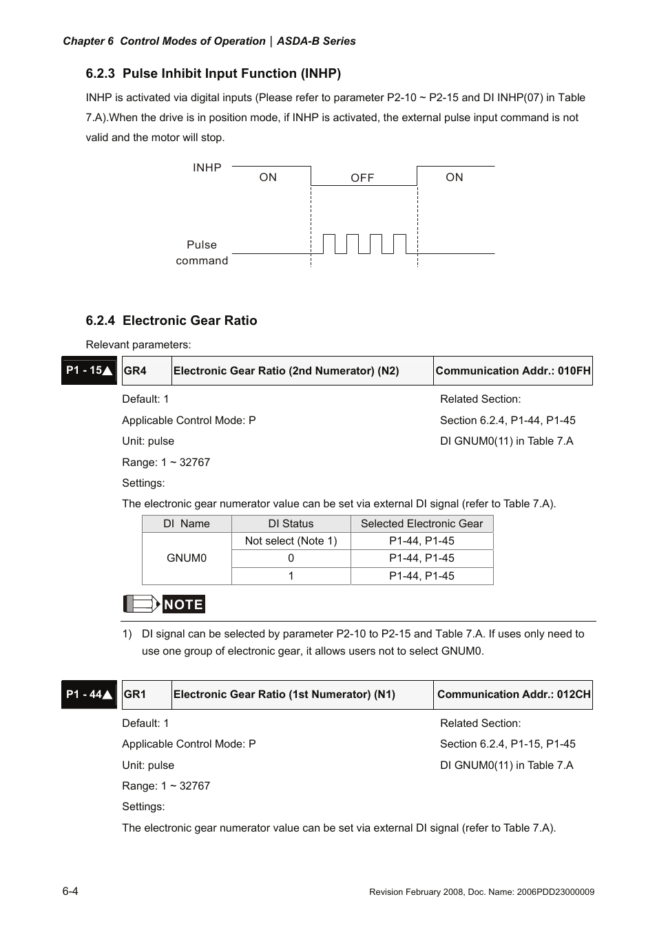 3 pulse inhibit input function (inhp), 4 electronic gear ratio, Pulse inhibit input function (inhibit) -4 | 4 electronic gear ratio -4 | Delta Electronics AC Servo Drive ASDA-B User Manual | Page 119 / 321