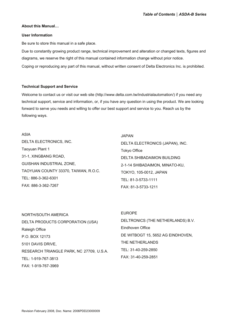 Delta Electronics AC Servo Drive ASDA-B User Manual | Page 12 / 321