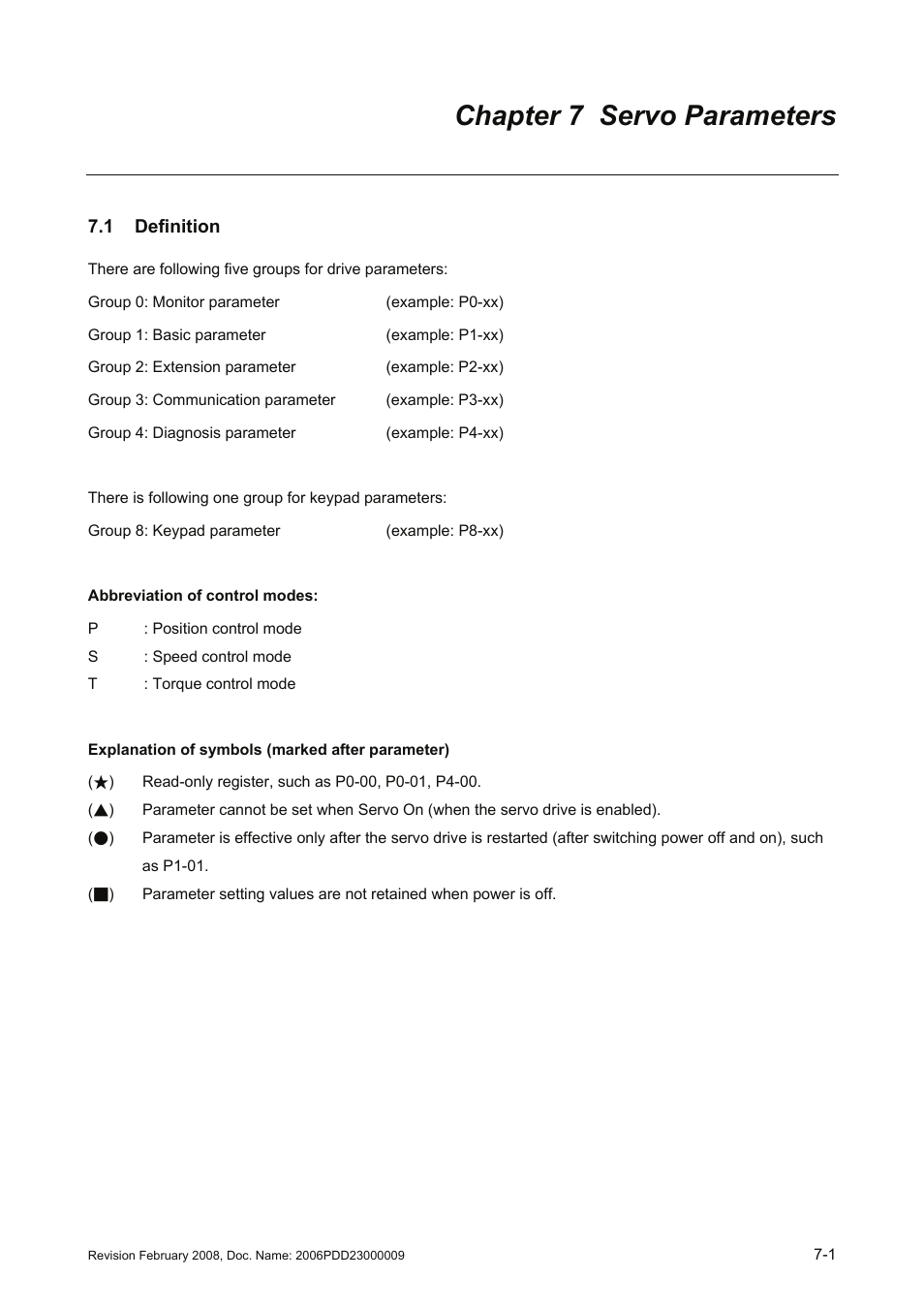 Chapter 7 servo parameters, 1 definition, Chapter 7 servo parameters -1 | 1 definition -1 | Delta Electronics AC Servo Drive ASDA-B User Manual | Page 154 / 321