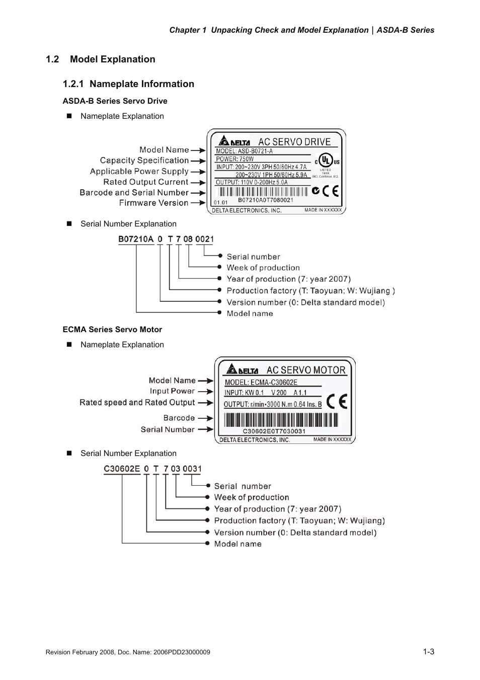 2 model explanation, 1 nameplate information, 2 model | Explanation -3, 1 nameplate, Information -3 | Delta Electronics AC Servo Drive ASDA-B User Manual | Page 16 / 321