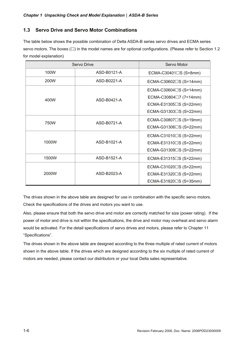 3 servo drive and servo motor combinations, 3 servo drive and servo motor combinations -6 | Delta Electronics AC Servo Drive ASDA-B User Manual | Page 19 / 321