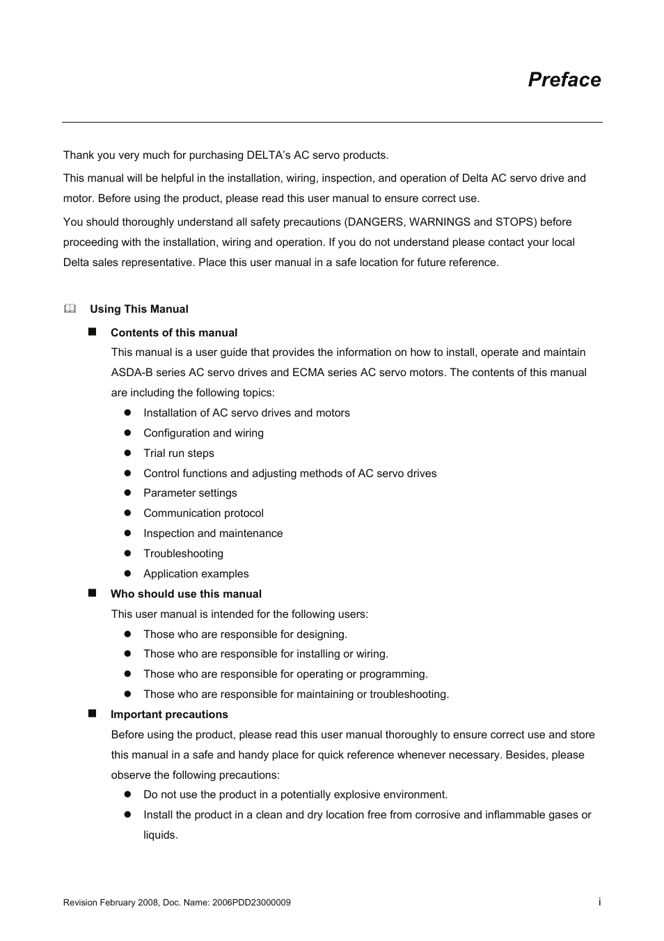 Preface | Delta Electronics AC Servo Drive ASDA-B User Manual | Page 2 / 321
