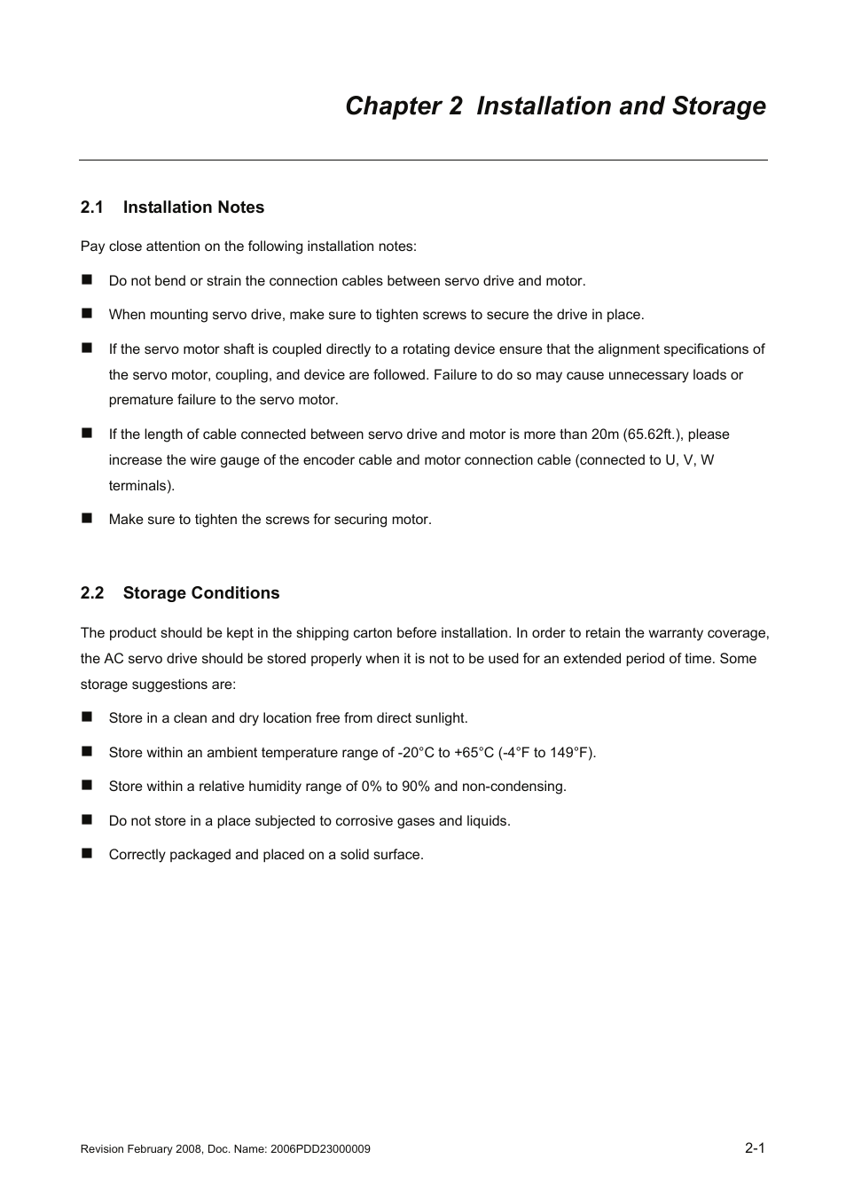 Chapter 2 installation and storage, 1 installation notes, 2 storage conditions | Chapter 2 installation and storage -1, 1 installation notes -1, 2 storage, Conditions -1 | Delta Electronics AC Servo Drive ASDA-B User Manual | Page 22 / 321
