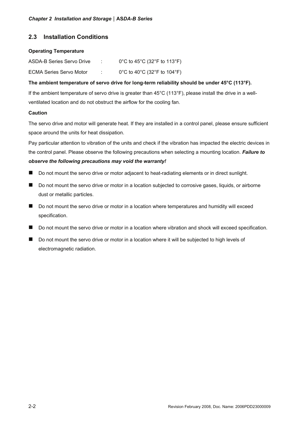 3 installation conditions, 3 installation conditions -2 | Delta Electronics AC Servo Drive ASDA-B User Manual | Page 23 / 321
