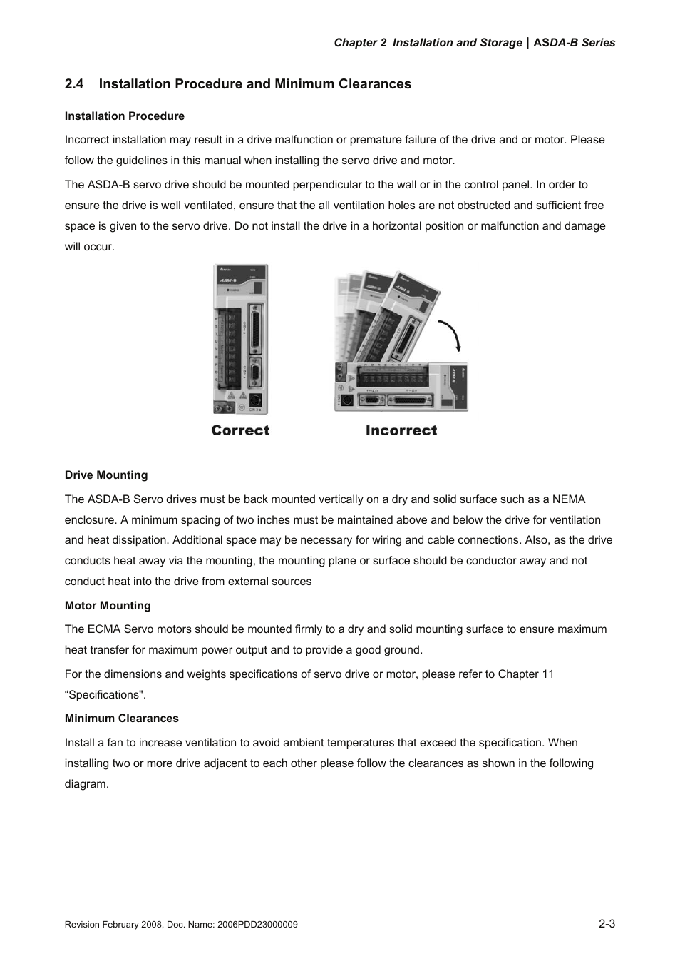 4 installation procedure and minimum clearances, 4 installation, Procedure | And minimum clearances -3 | Delta Electronics AC Servo Drive ASDA-B User Manual | Page 24 / 321
