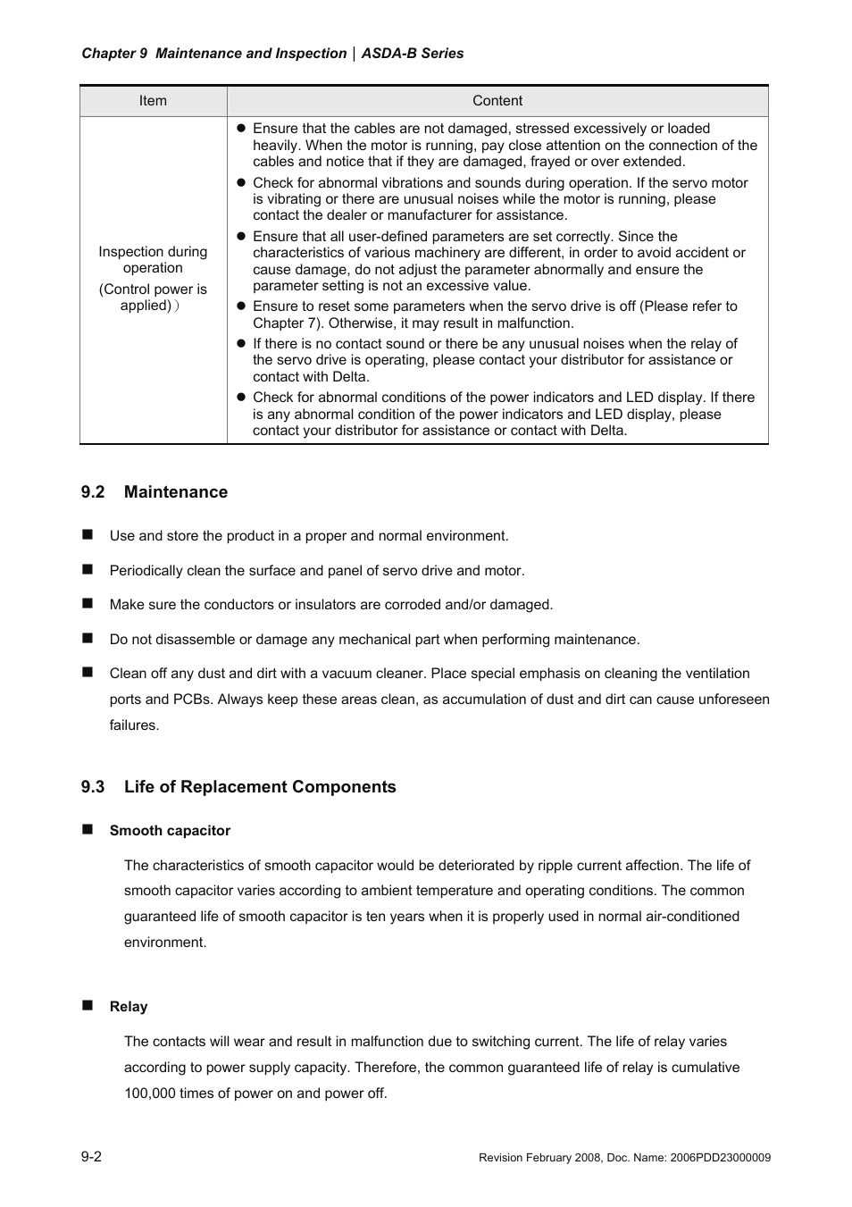 2 maintenance, 3 life of replacement components, 2 maintenance -2 | 3 life of replacement components -2 | Delta Electronics AC Servo Drive ASDA-B User Manual | Page 253 / 321