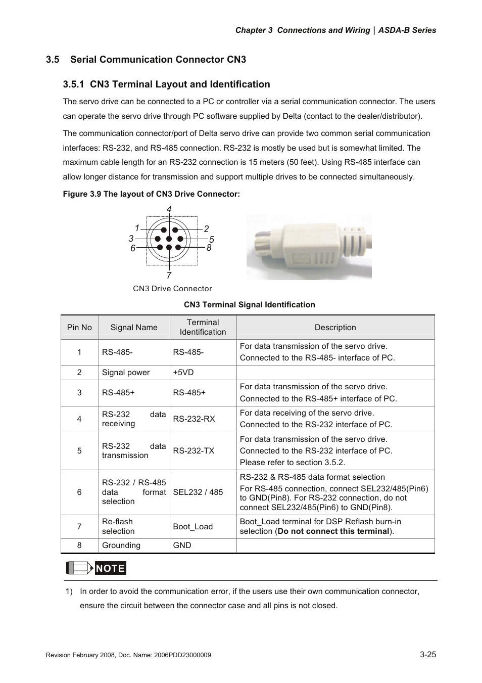 5 serial communication connector cn3, 1 cn3 terminal layout and identification, 5 serial | Communication connector cn3 -25, Cn3 terminal layout and identification -25 | Delta Electronics AC Servo Drive ASDA-B User Manual | Page 50 / 321