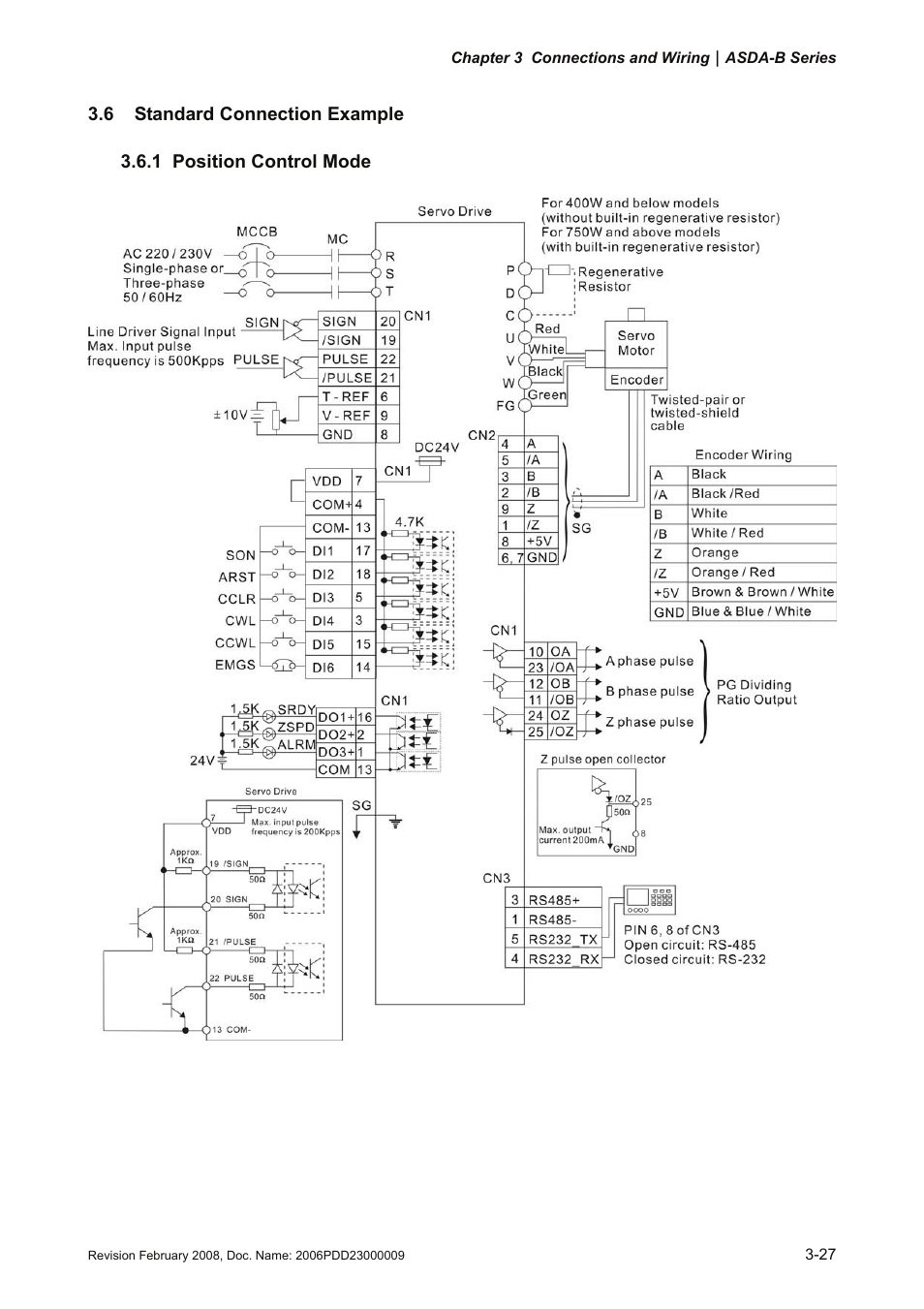 6 standard connection example, 1 position control mode, 6 standard | Connection example -27, 1 position, Control mode -27 | Delta Electronics AC Servo Drive ASDA-B User Manual | Page 52 / 321