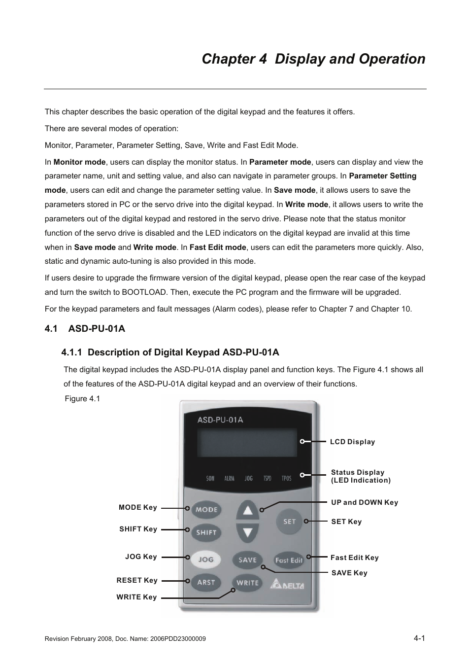 Chapter 4 display and operation, 1 asd-pu-01a, 1 description of digital keypad asd-pu-01a | Chapter 4 display and operation -1, 1 asd-pu-01a -1, Description of digital keypad asd-pu-01a -1 | Delta Electronics AC Servo Drive ASDA-B User Manual | Page 56 / 321