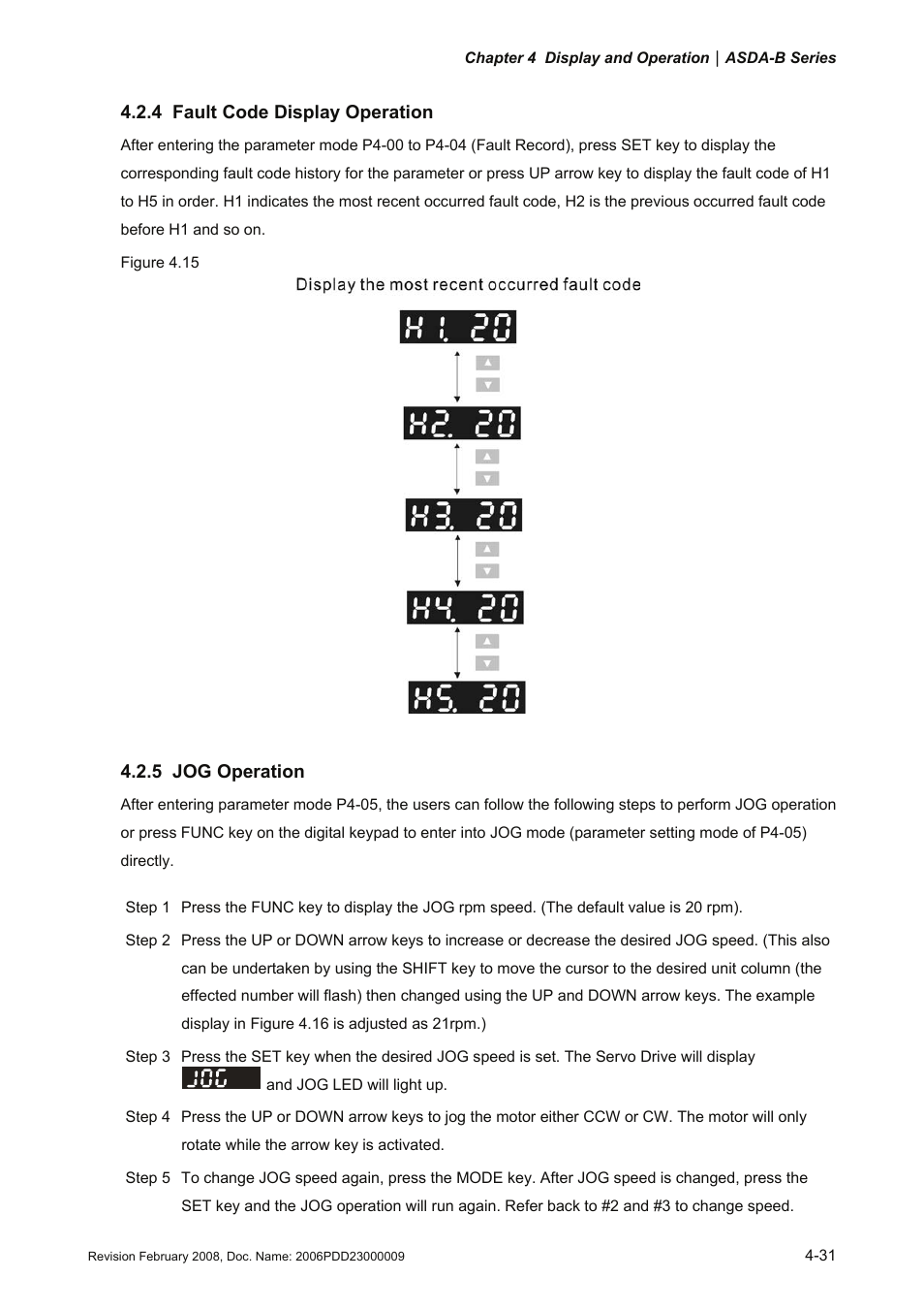 4 fault code display operation, 5 jog operation, Fault code display operation -31 | 5 jog, Operation -31 | Delta Electronics AC Servo Drive ASDA-B User Manual | Page 86 / 321