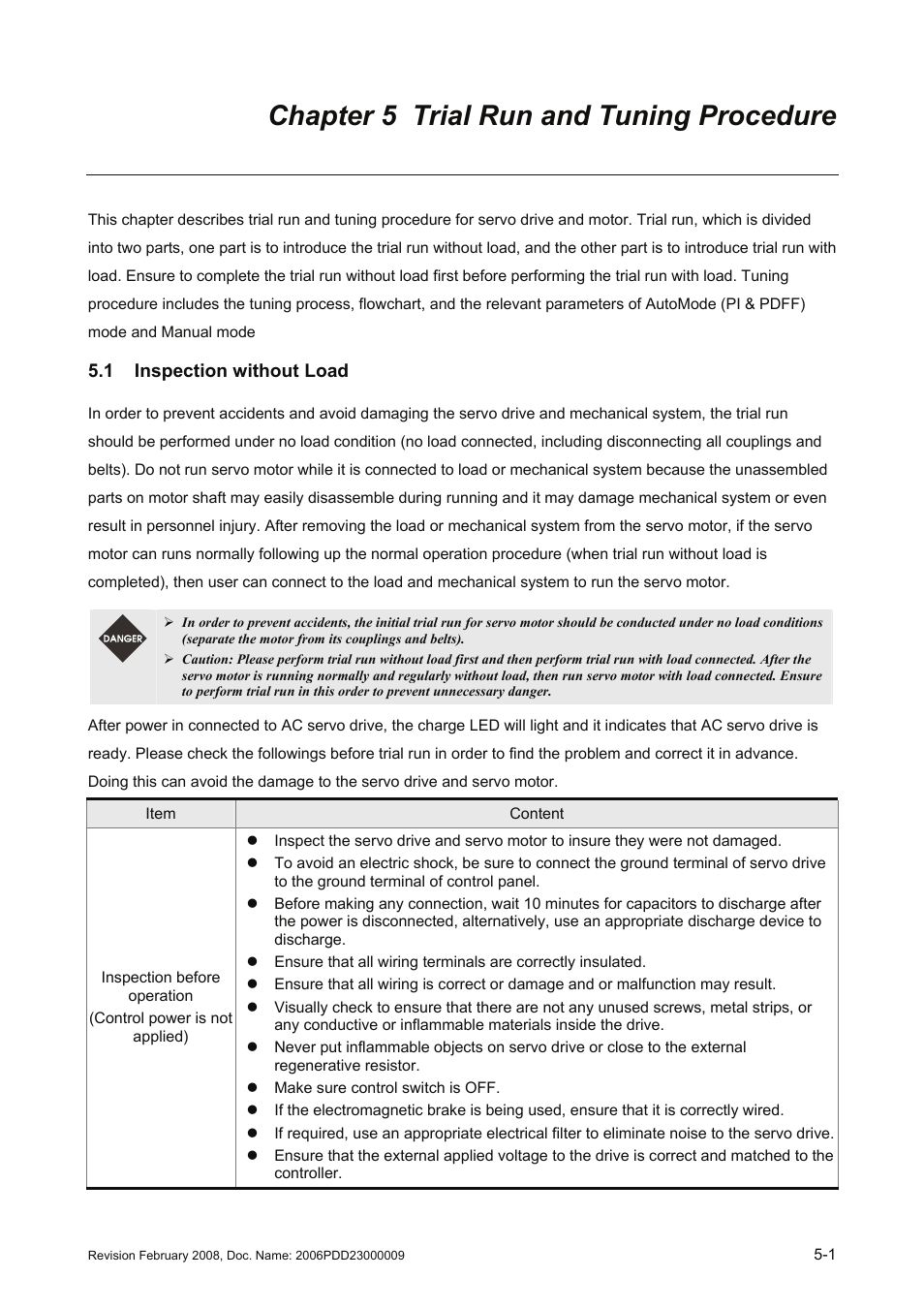 Chapter 5 trial run and tuning procedure, 1 inspection without load, Chapter 5 trial run and tuning procedure -1 | 1 inspection, Without load -1 | Delta Electronics AC Servo Drive ASDA-B User Manual | Page 94 / 321