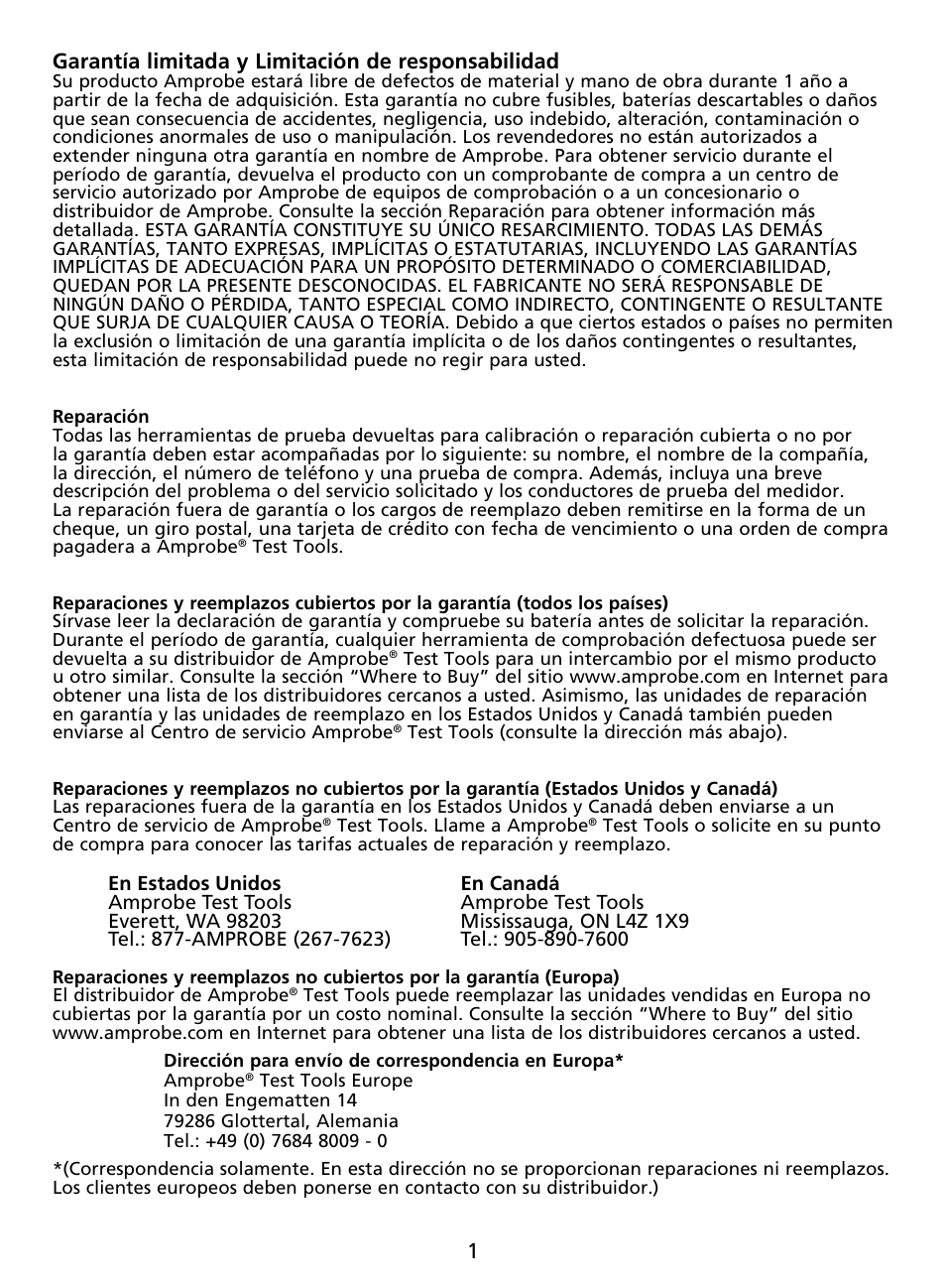 1garantía limitada y limitación de responsabilidad | Amprobe AU92 Automotive-Multimeter User Manual | Page 103 / 152