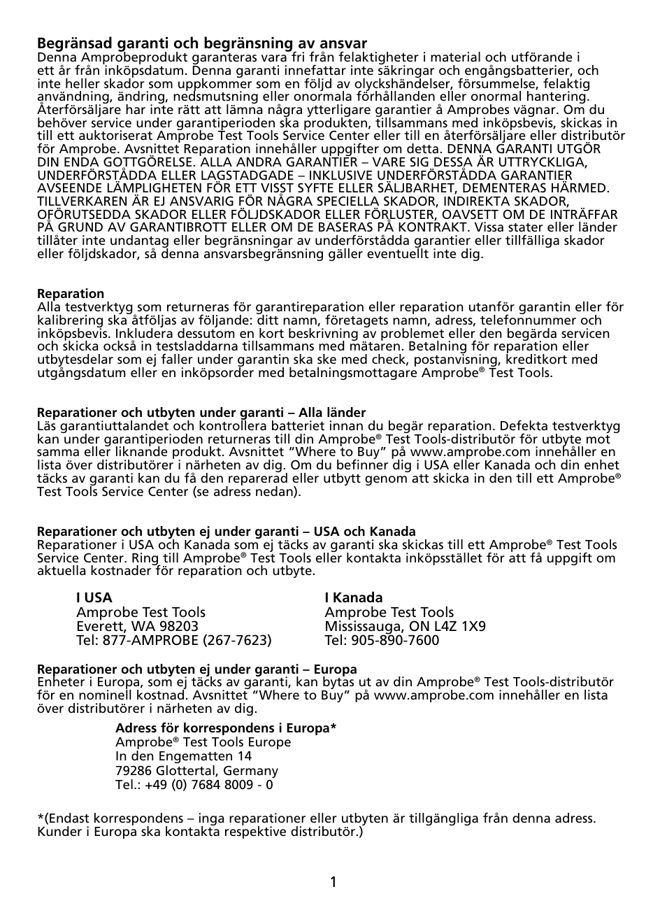 1begränsad garanti och begränsning av ansvar | Amprobe AU92 Automotive-Multimeter User Manual | Page 128 / 152