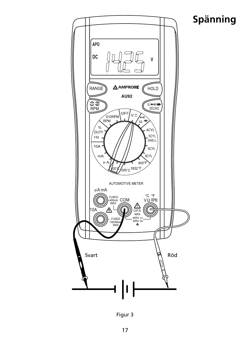 Spänning | Amprobe AU92 Automotive-Multimeter User Manual | Page 144 / 152