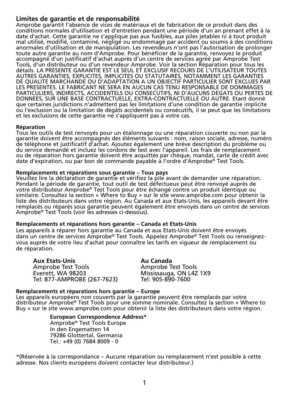 1limites de garantie et de responsabilité | Amprobe AU92 Automotive-Multimeter User Manual | Page 28 / 152