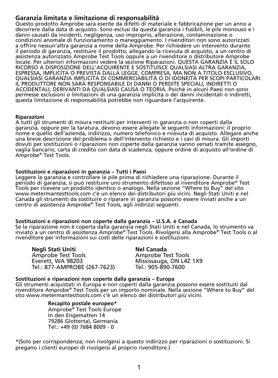 1garanzia limitata e limitazione di responsabilità | Amprobe AU92 Automotive-Multimeter User Manual | Page 78 / 152