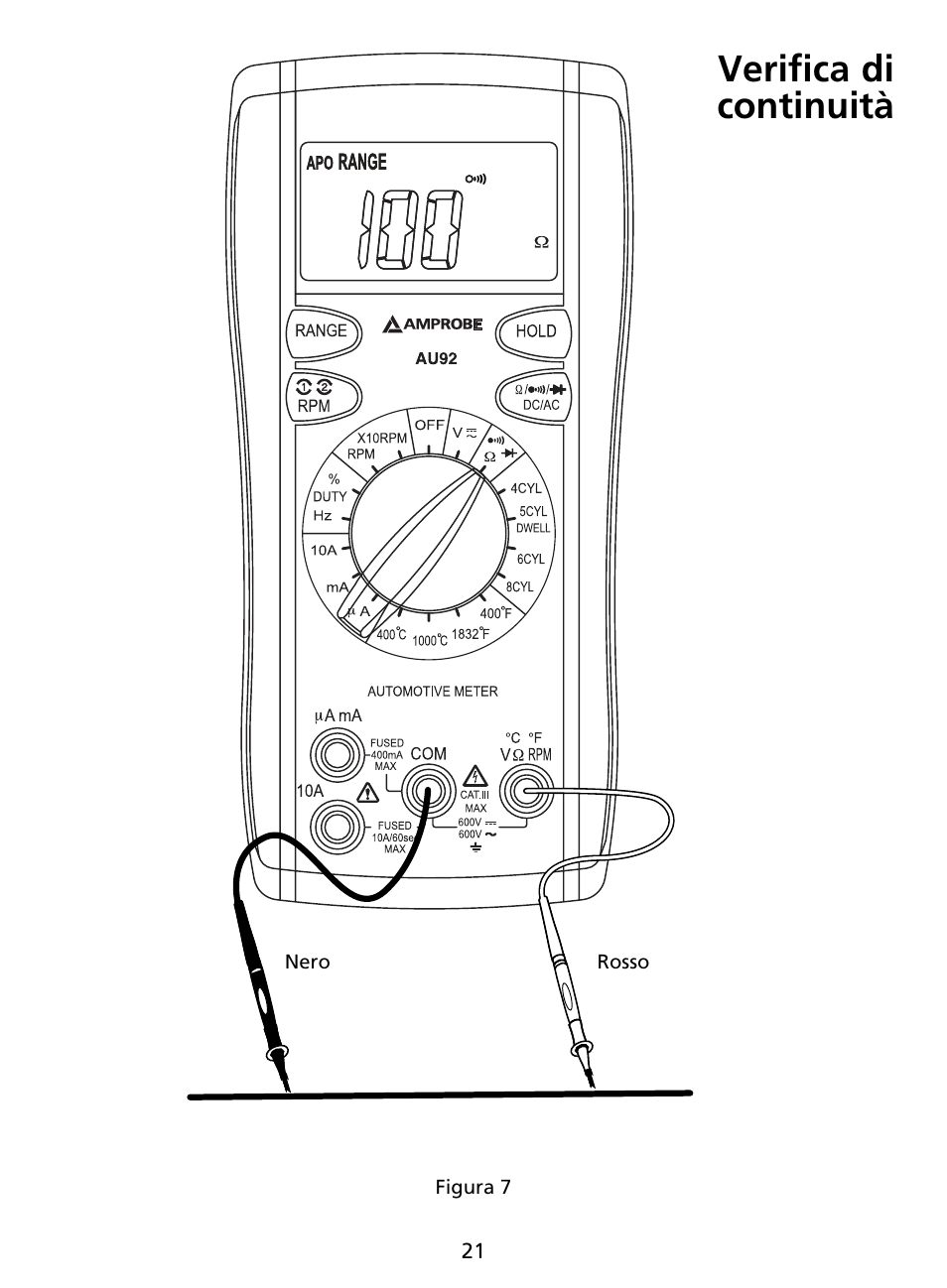 Verifica di continuità | Amprobe AU92 Automotive-Multimeter User Manual | Page 98 / 152