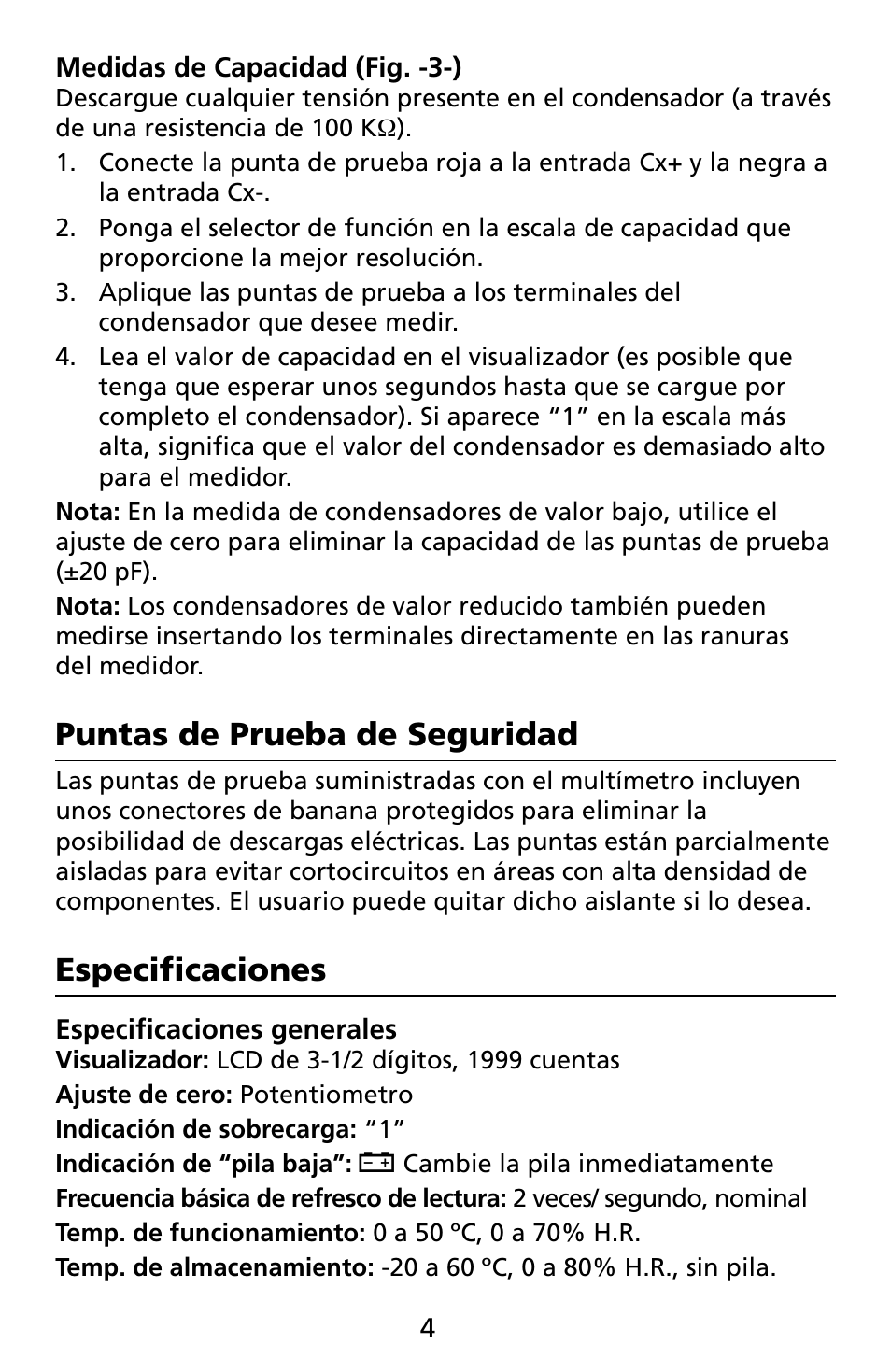 Puntas de prueba de seguridad, Especificaciones | Amprobe CR50A Capacitance-Resistance-Meter User Manual | Page 30 / 46