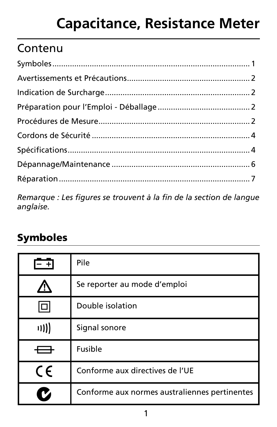 Capacitance, resistance meter, Contenu | Amprobe CR50A Capacitance-Resistance-Meter User Manual | Page 37 / 46