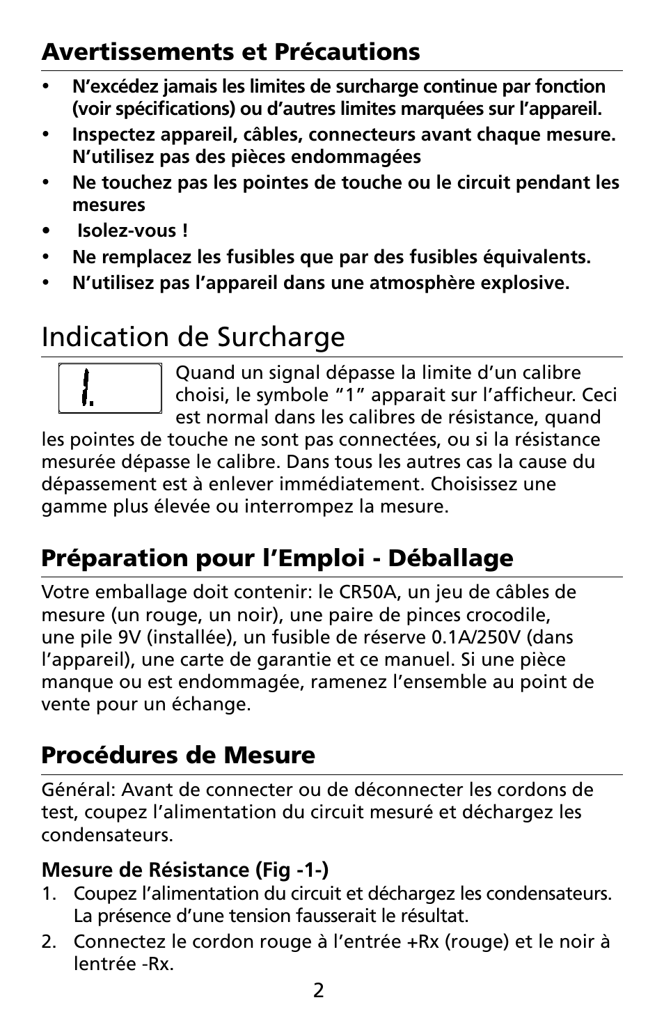 Indication de surcharge, Avertissements et précautions, Préparation pour l’emploi - déballage | Procédures de mesure | Amprobe CR50A Capacitance-Resistance-Meter User Manual | Page 38 / 46