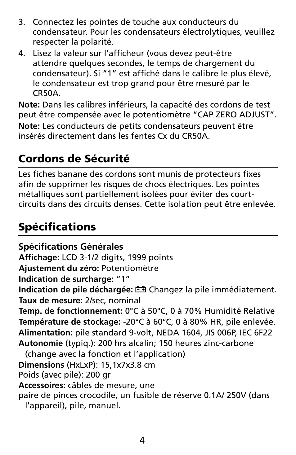 Cordons de sécurité, Spécifications | Amprobe CR50A Capacitance-Resistance-Meter User Manual | Page 40 / 46