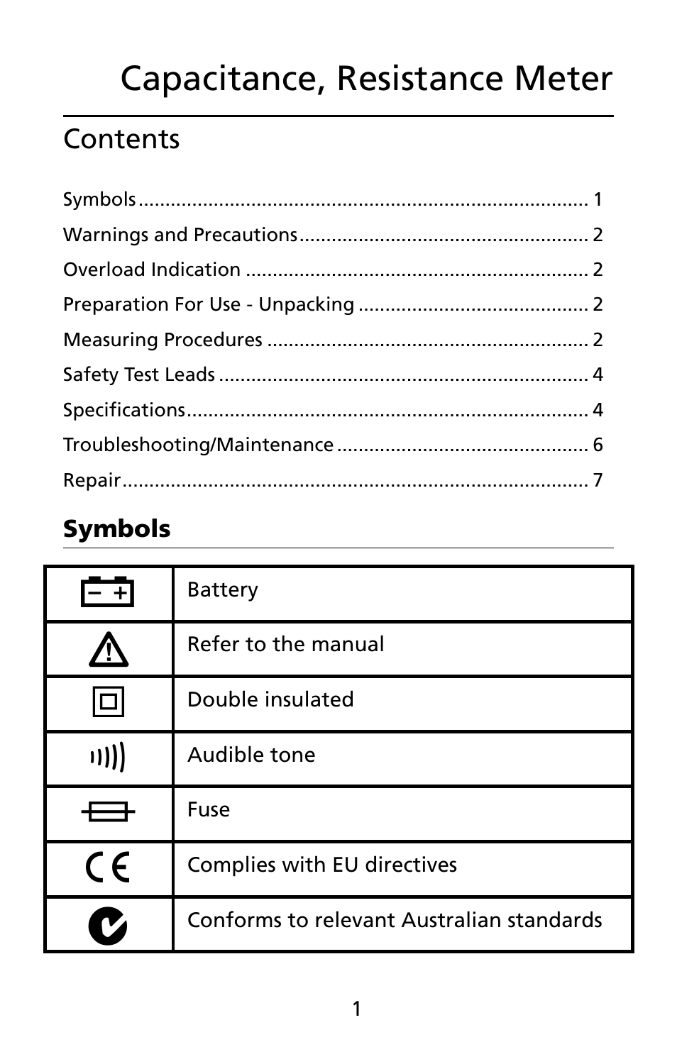 Capacitance, resistance meter | Amprobe CR50A Capacitance-Resistance-Meter User Manual | Page 5 / 46
