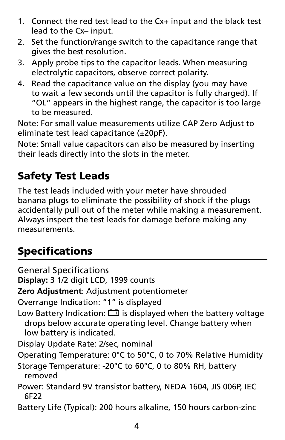 Safety test leads, Specifications | Amprobe CR50A Capacitance-Resistance-Meter User Manual | Page 8 / 46