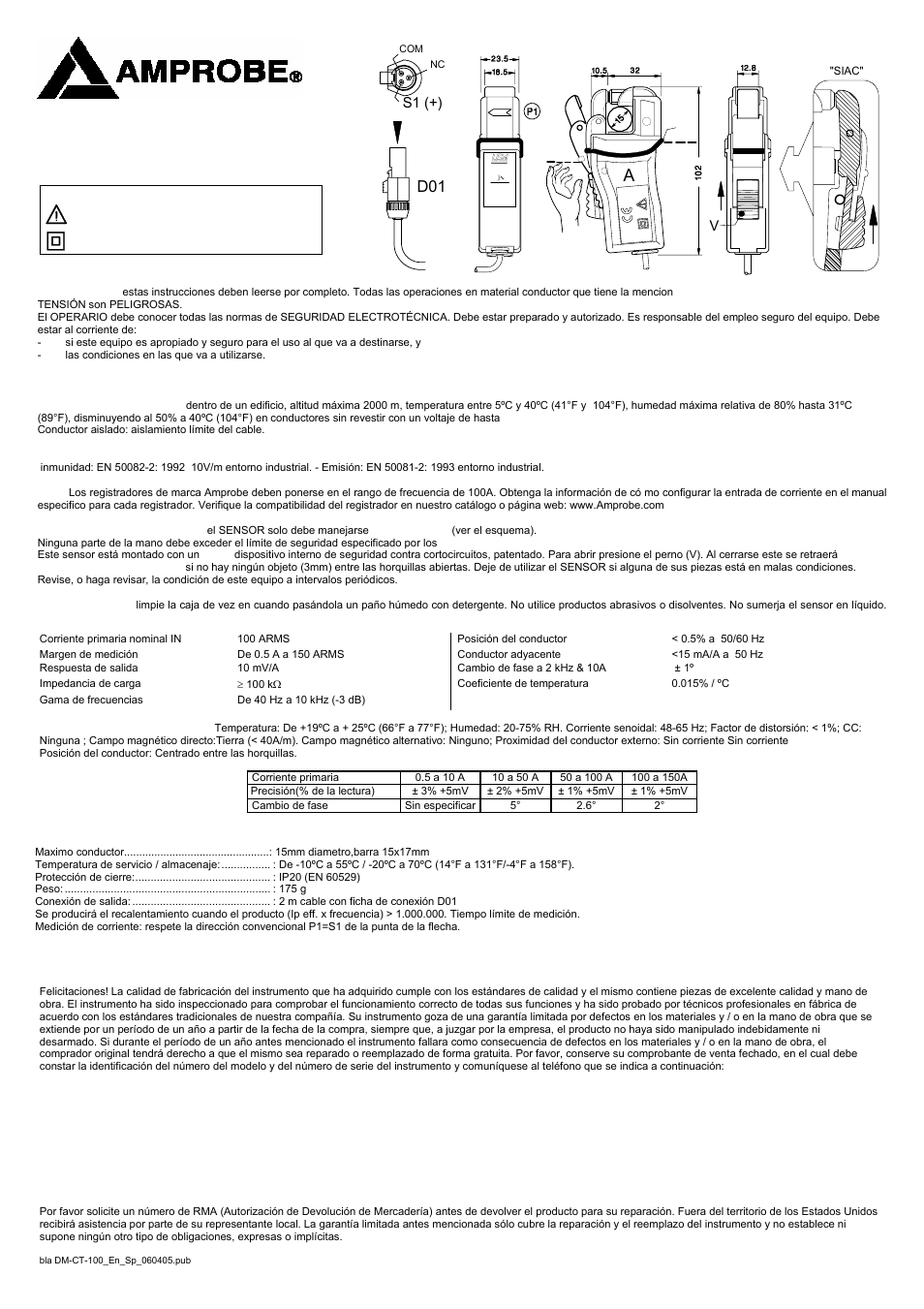 Dm-ct-100, Instrucciones de funcionamiento, S1 (+) | Amprobe DM-CT-100 Current-Transducer User Manual | Page 2 / 2