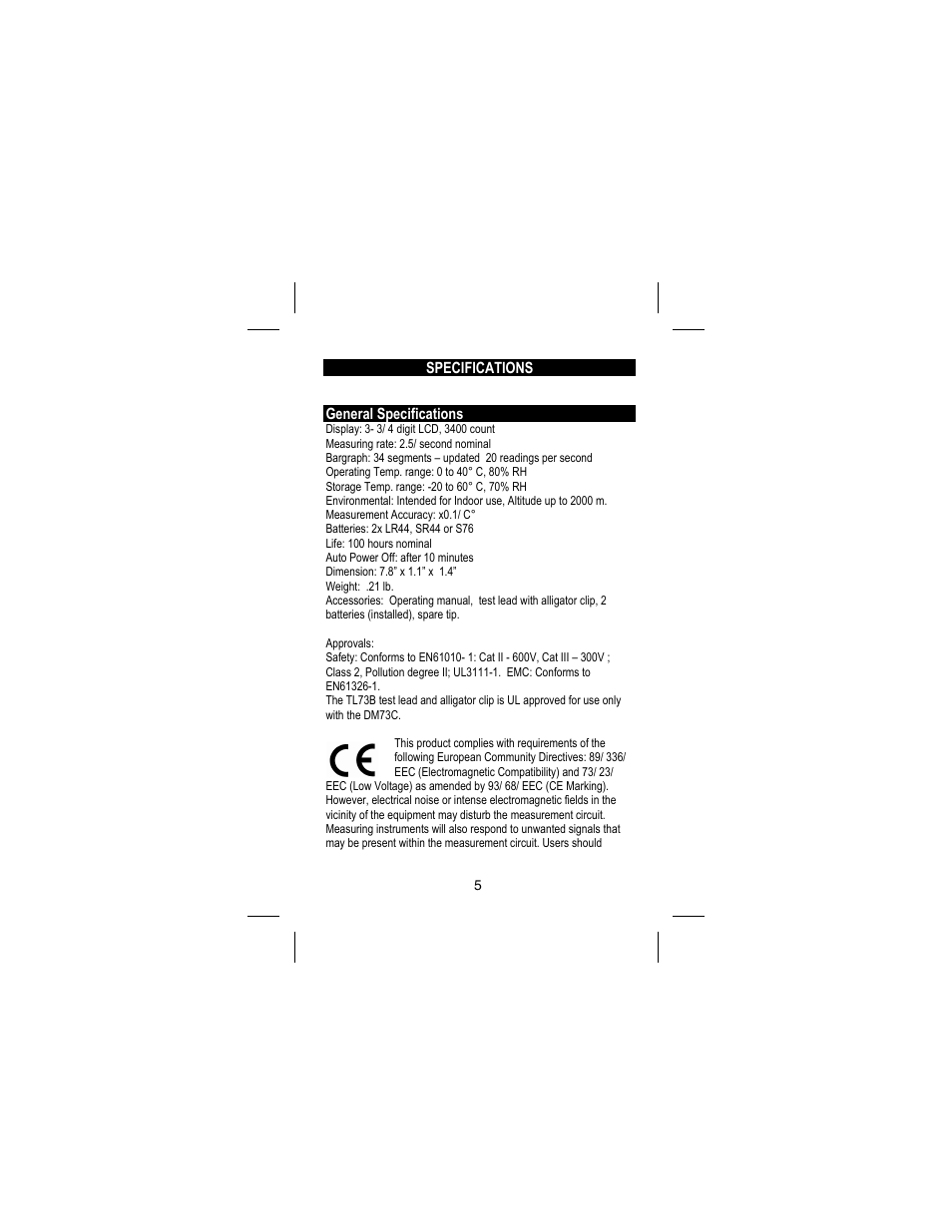 Specifications, General specifications | Amprobe DM73C Digital-Multimeter User Manual | Page 11 / 55