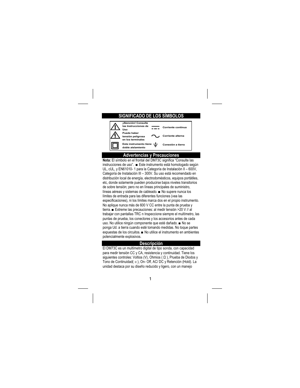 Significado de los símbolos, Advertencias y precauciones, Descripción | Amprobe DM73C Digital-Multimeter User Manual | Page 17 / 55