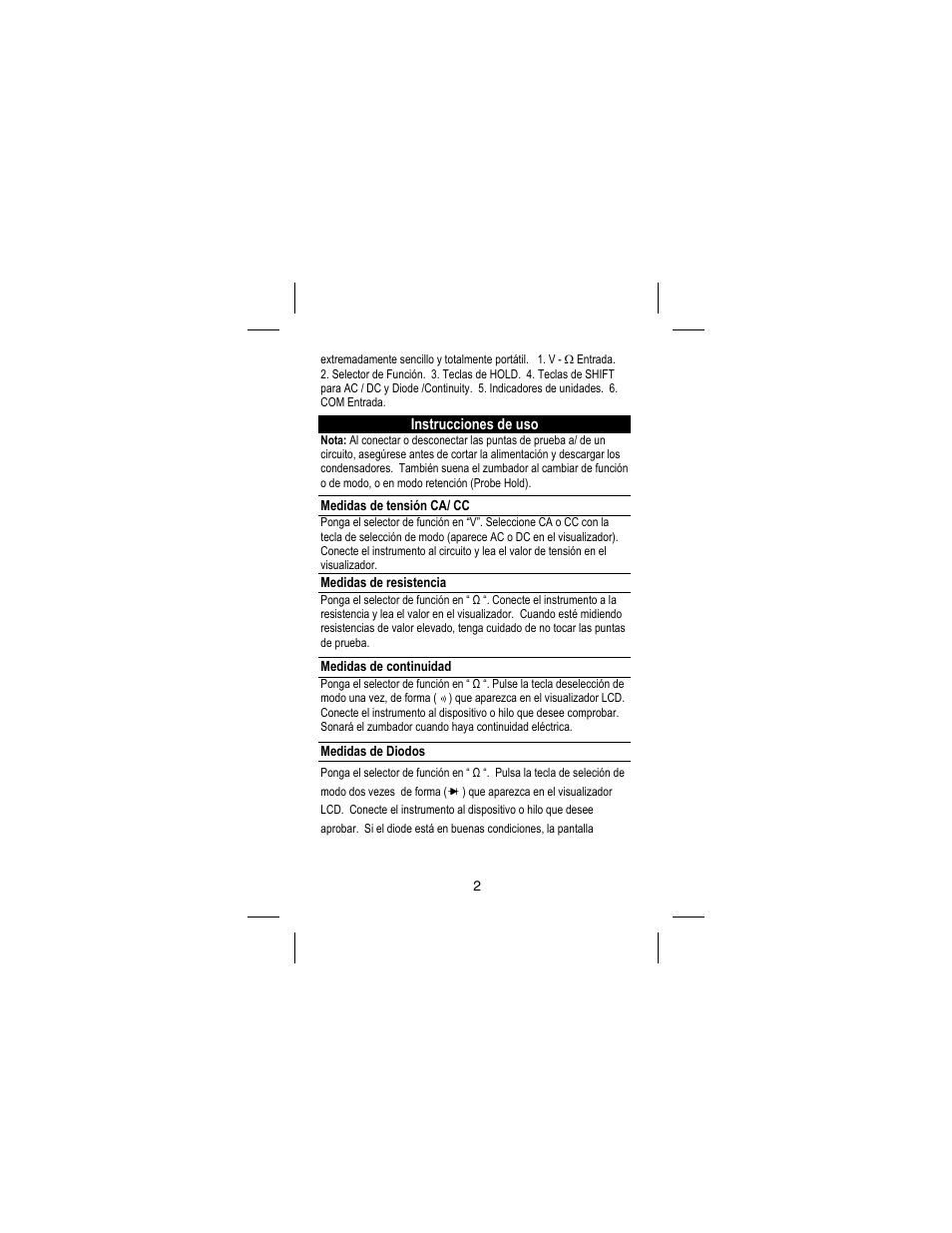 Instrucciones de uso, Medidas de tensión ca/ cc, Medidas de resistencia | Medidas de continuidad, Medidas de diodos | Amprobe DM73C Digital-Multimeter User Manual | Page 18 / 55