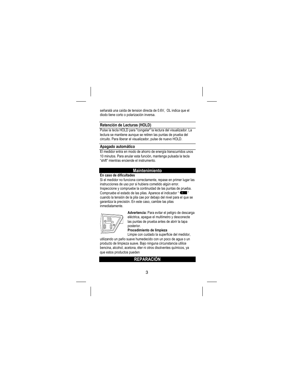 Maintenimiento, Reparación, Retención de lecturas (hold) | Apagado automático | Amprobe DM73C Digital-Multimeter User Manual | Page 19 / 55
