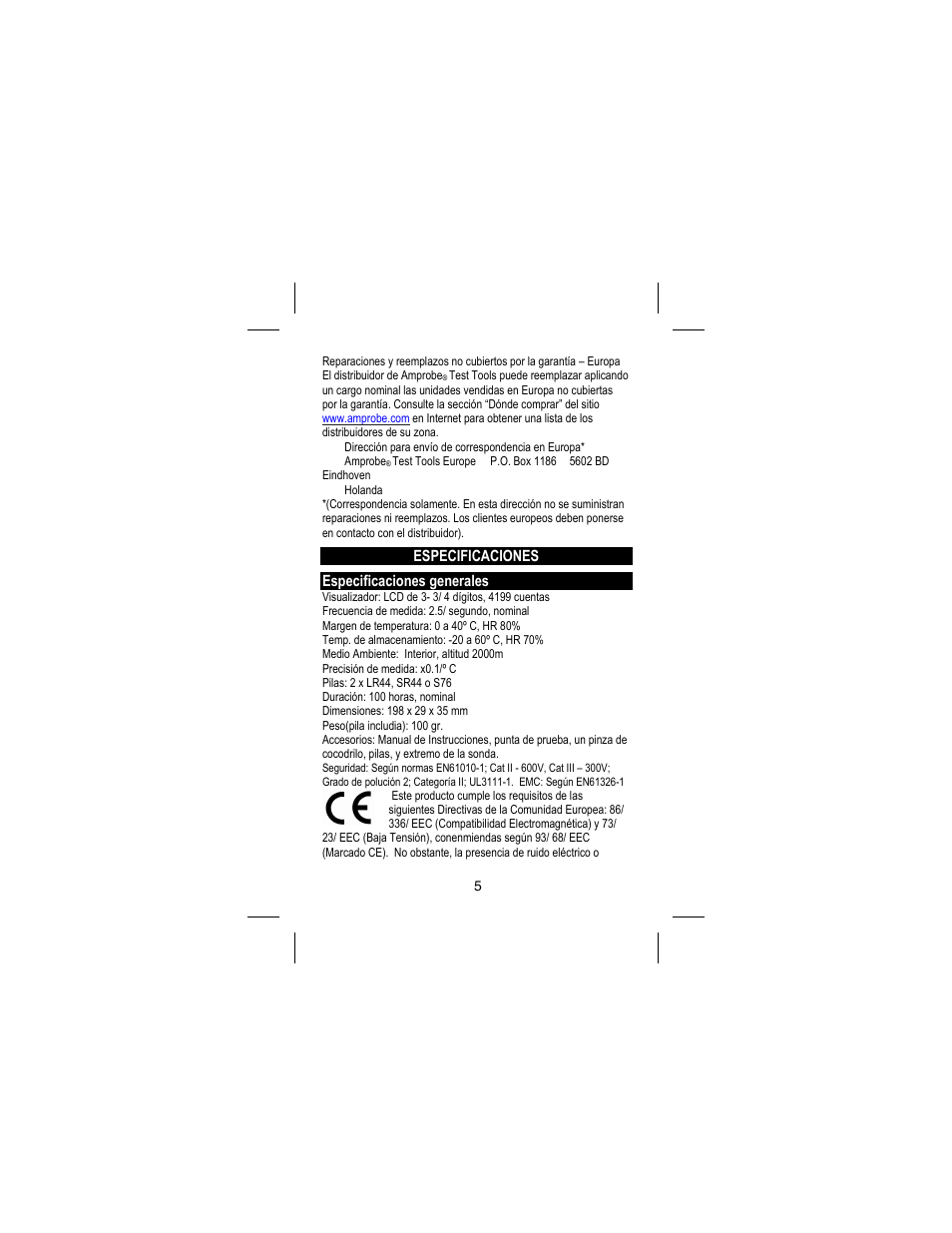 Especificaciones, Especificaciones generales | Amprobe DM73C Digital-Multimeter User Manual | Page 21 / 55
