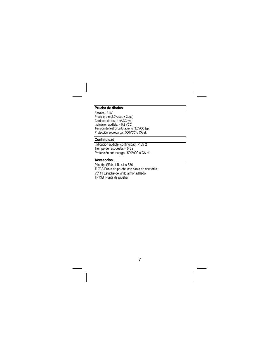 Prueba de diodos, Continuidad, Accesorios | Amprobe DM73C Digital-Multimeter User Manual | Page 23 / 55