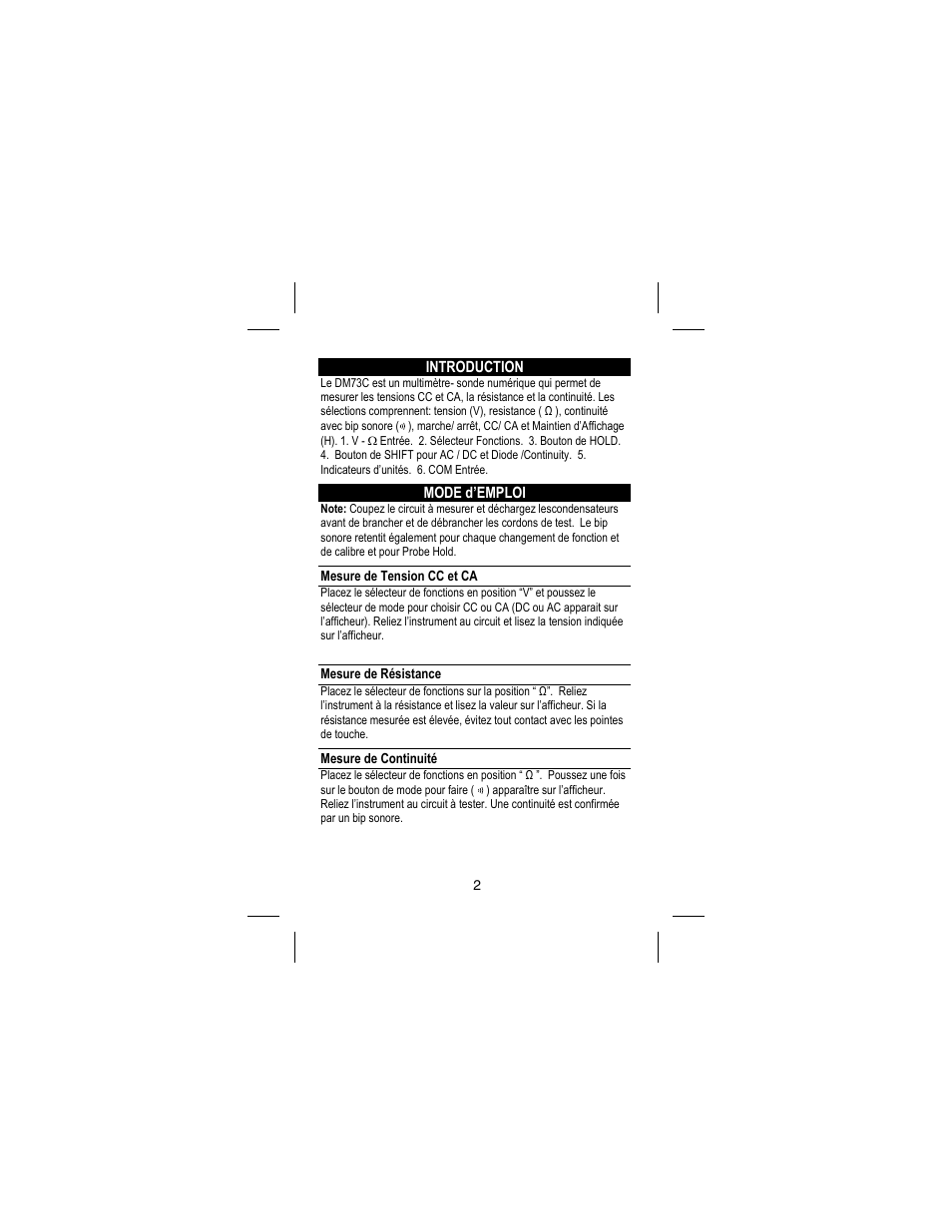 Introduction, Mode d’emploi, Mesure de tension cc et ca | Mesure de résistance, Mesure de continuité | Amprobe DM73C Digital-Multimeter User Manual | Page 28 / 55