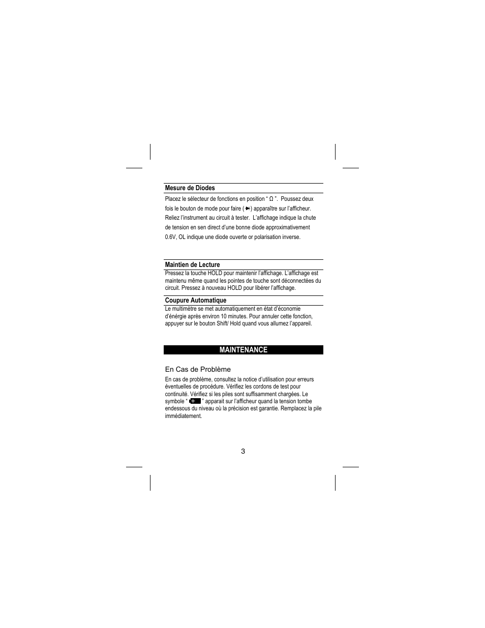 Maintenance, Mesure de diodes, Maintien de lecture | Coupure automatique, En cas de problème | Amprobe DM73C Digital-Multimeter User Manual | Page 29 / 55